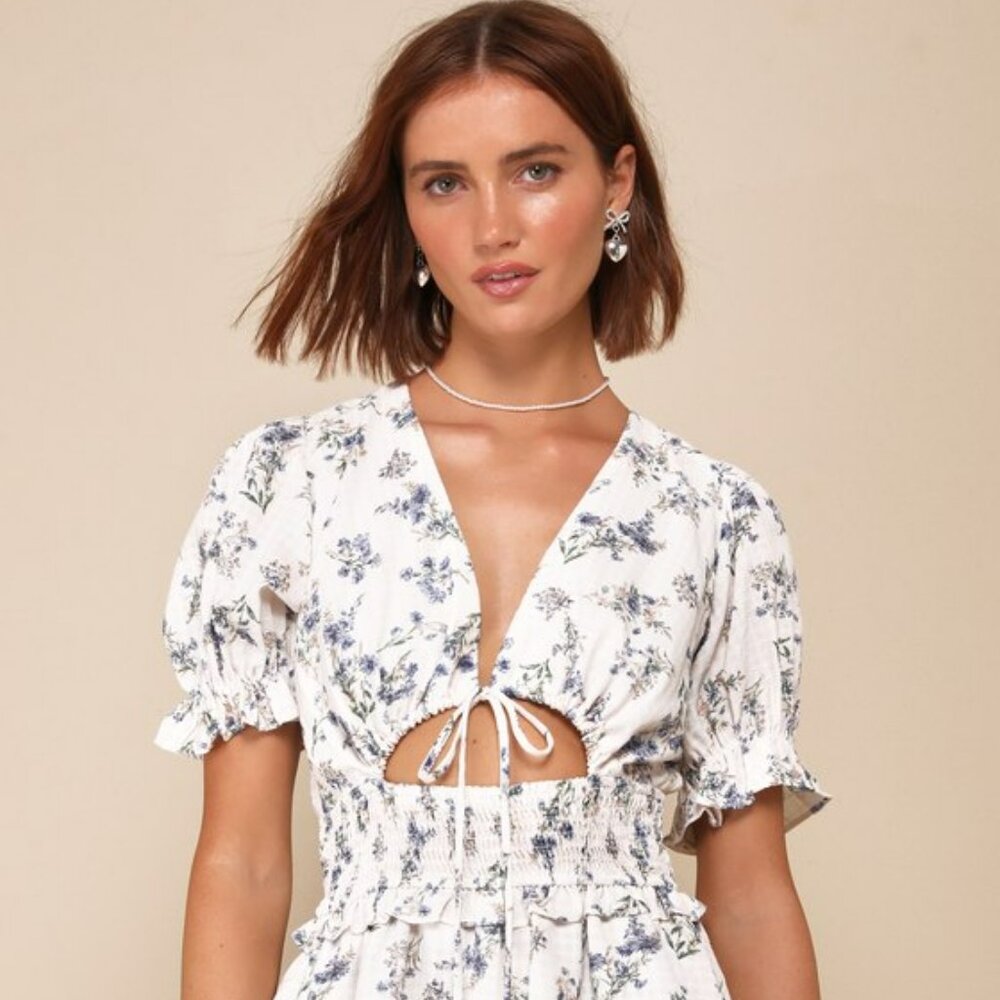 Lulus Complete Babe Ivory Floral Textured Tiered Smocked Cutout Romper White-MED